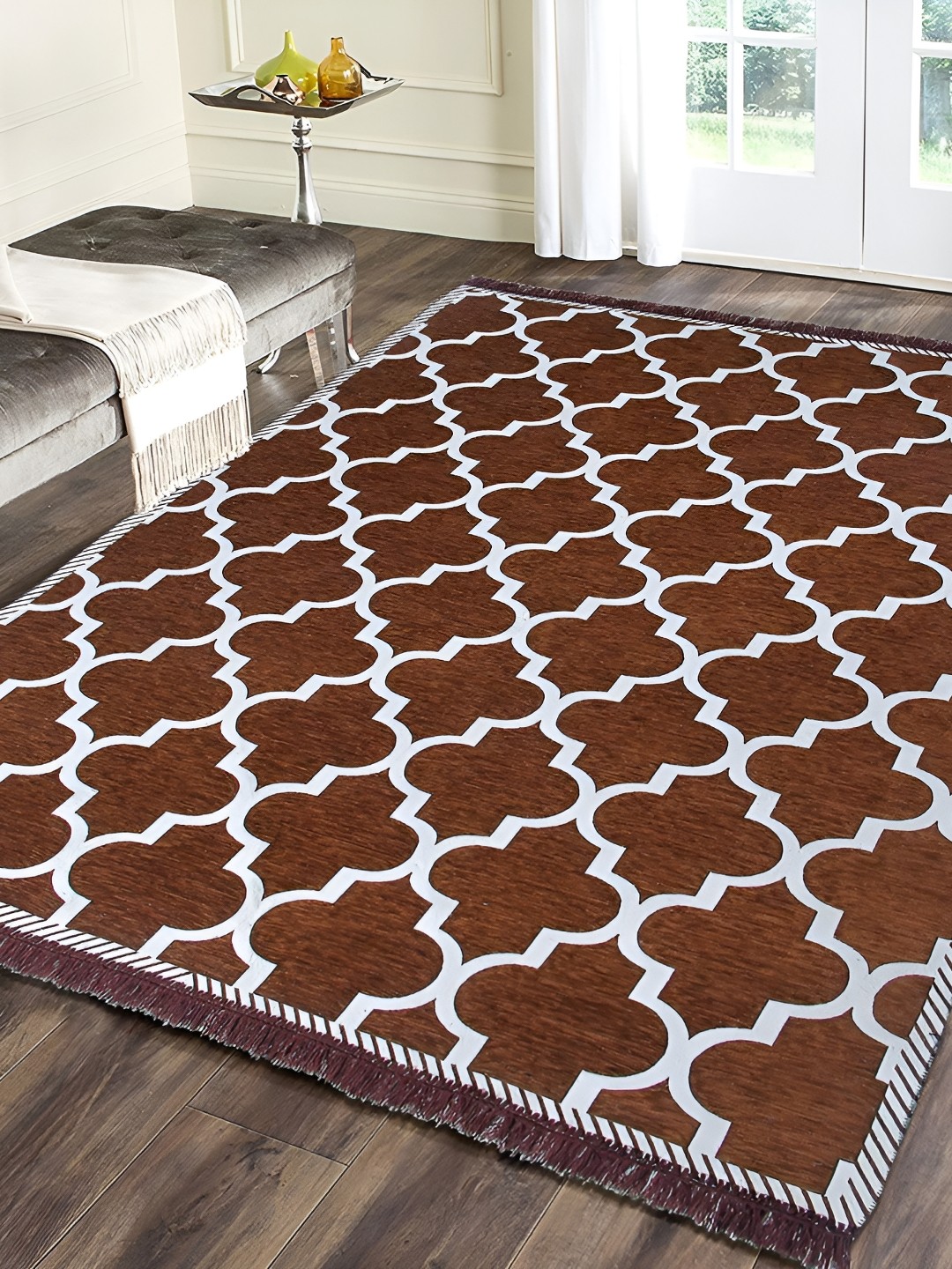 

Sparrow world Mustard Yellow & White Geometric Printed Velvet Chennille Rectangular Carpet