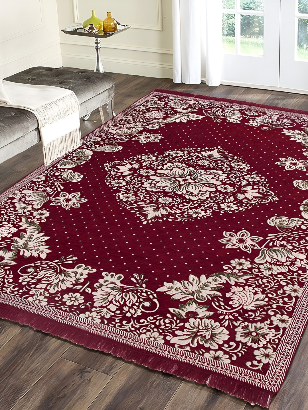 

Sparrow world Maroon & White Floral Printed Rectangular Carpet