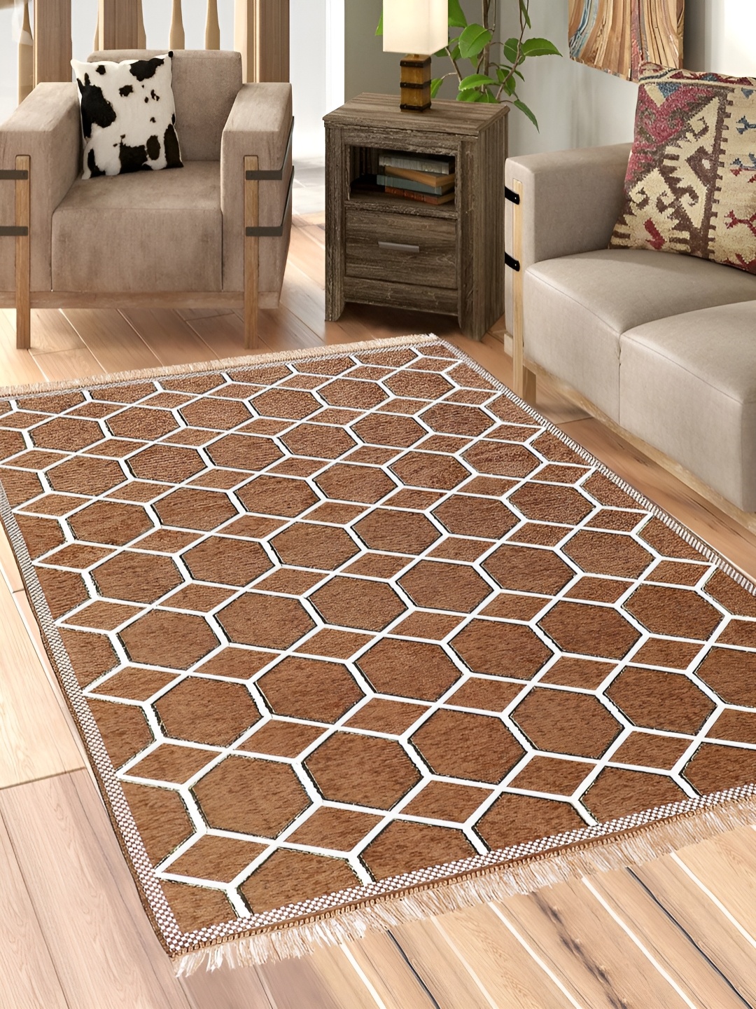 

Sparrow world Camel Brown & White Geometric Printed Rectangular Carpet