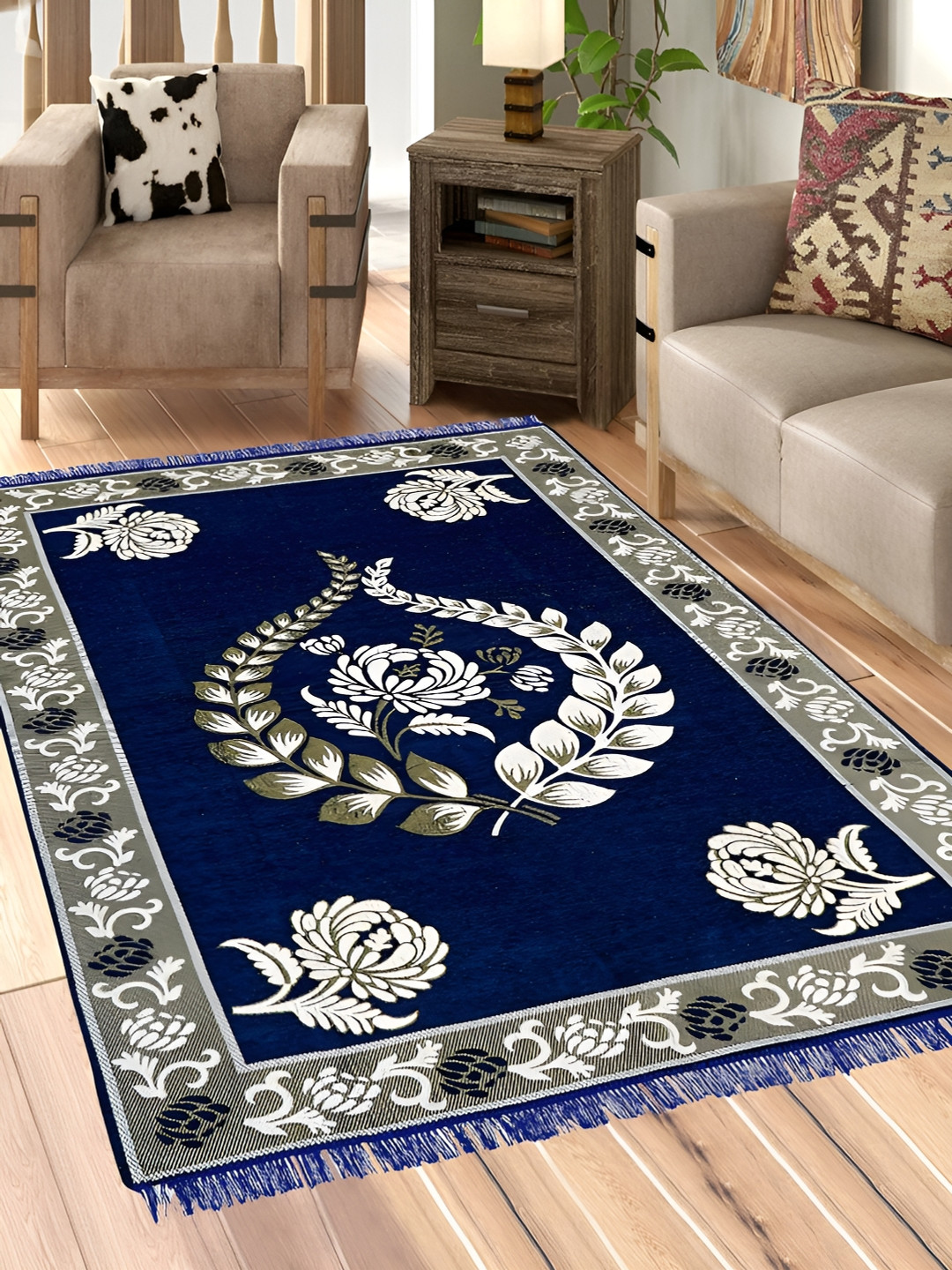 

Sparrow world Blue & White Floral Printed Carpet