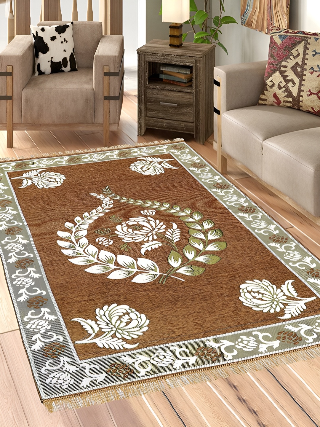 

Sparrow world Brown & White Floral Printed Rectangular Carpet