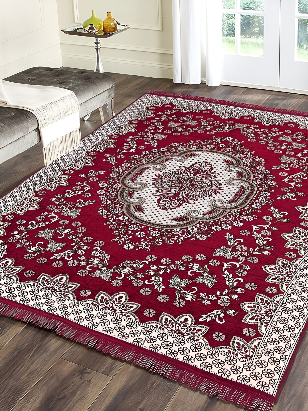 

Sparrow world Red & White Floral Printed Rectangular Carpet