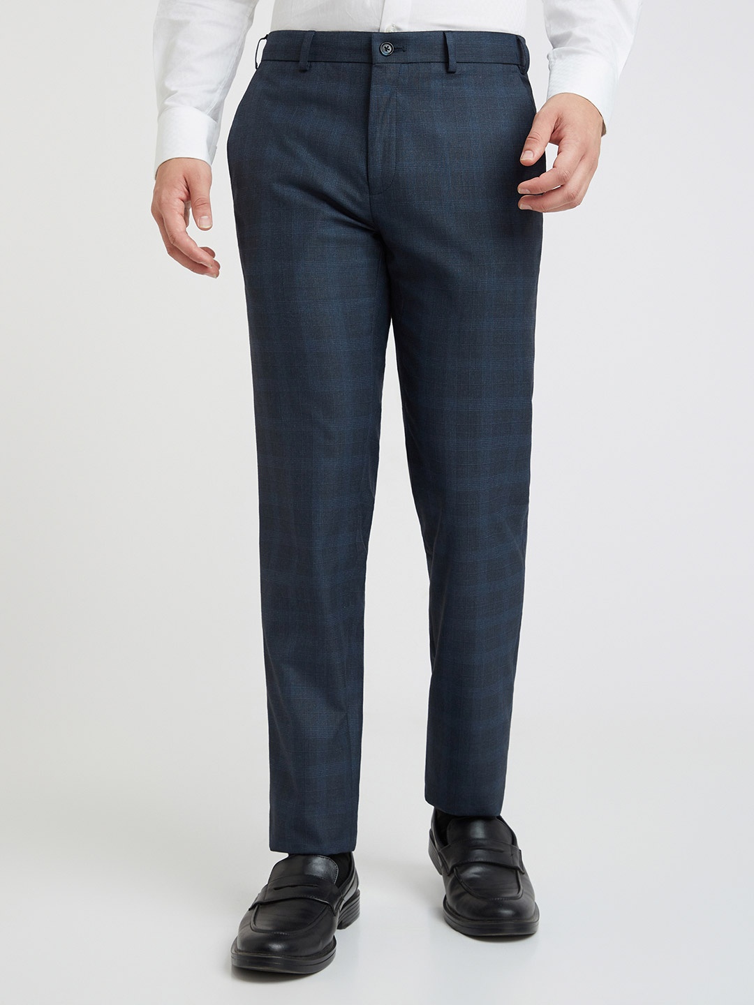 

Raymond Men Checked Slim Fit Formal Trousers, Blue