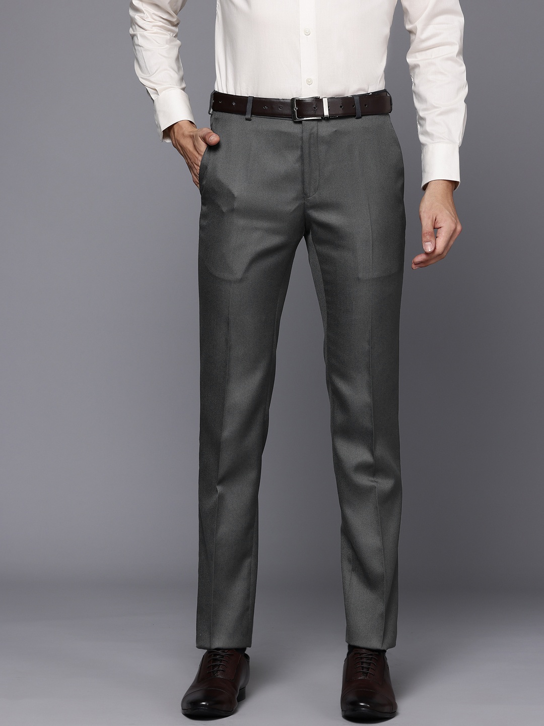 

Raymond Men Textured Slim Fit Trousers, Grey