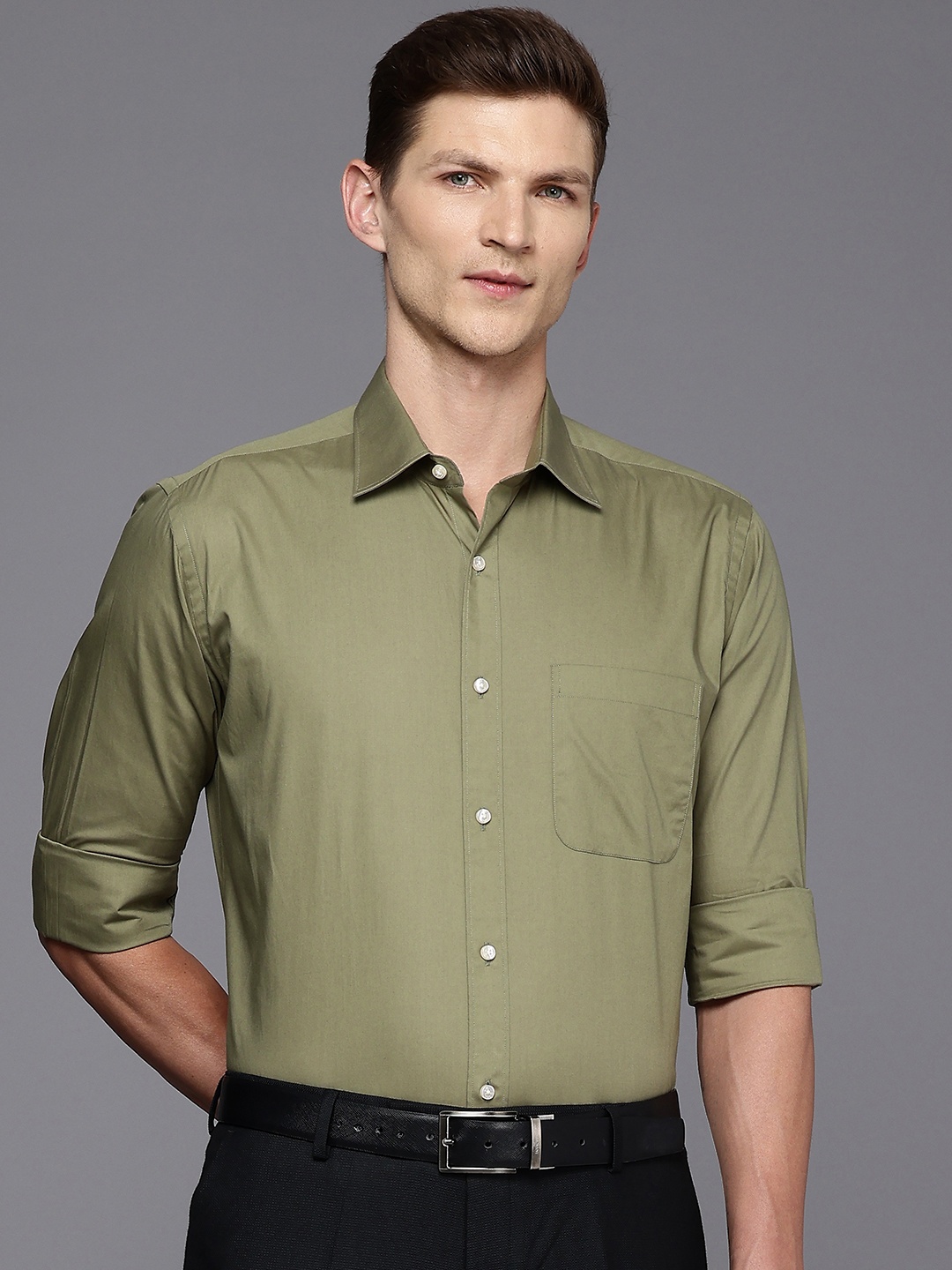 

Raymond Pure Cotton Solid Formal Shirt, Olive