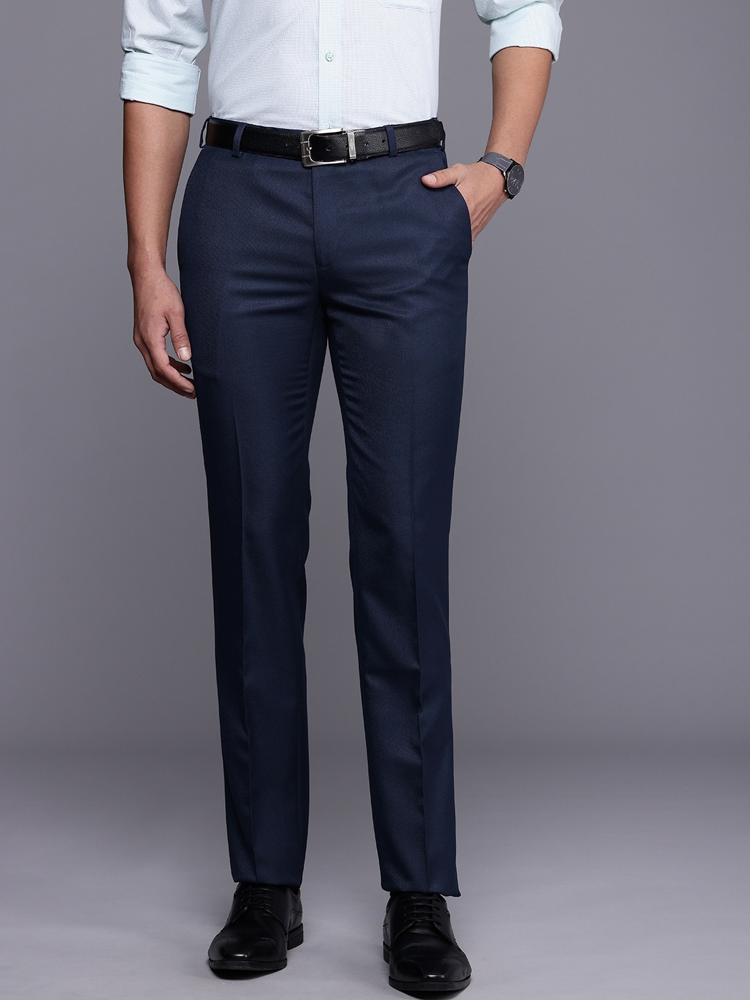Raymond Men Textured Slim Fit Formal Trousers, Navy blue