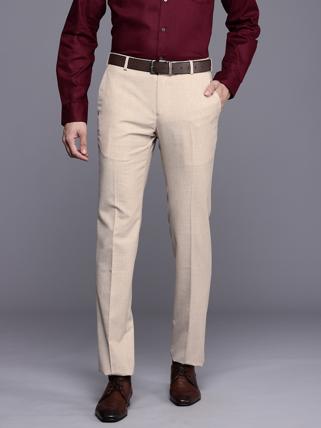 

Raymond Men Textured Slim Fit Formal Trousers, Beige