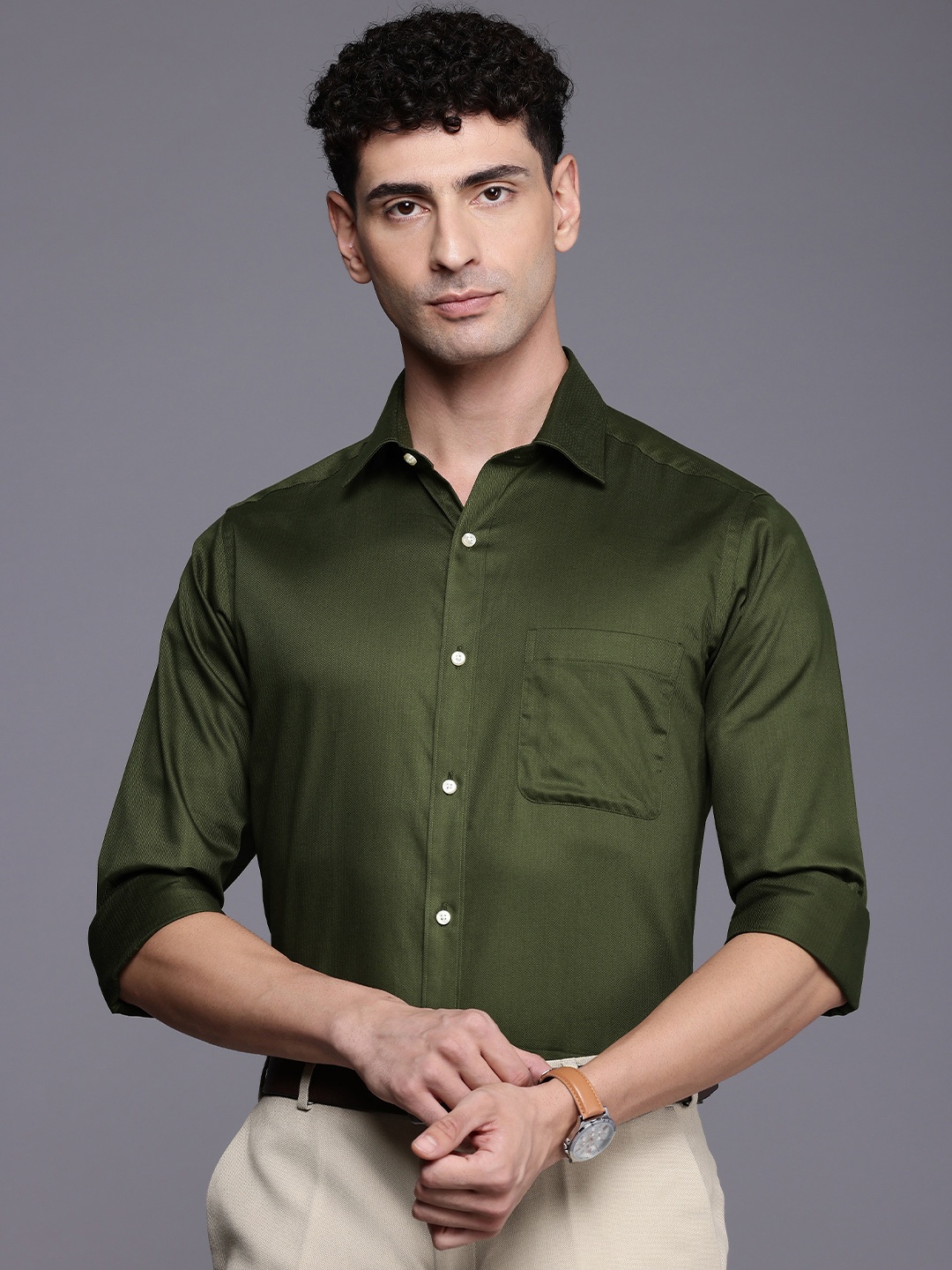 Raymond Self Design Slim Fit Pure Cotton Formal Shirt, Green