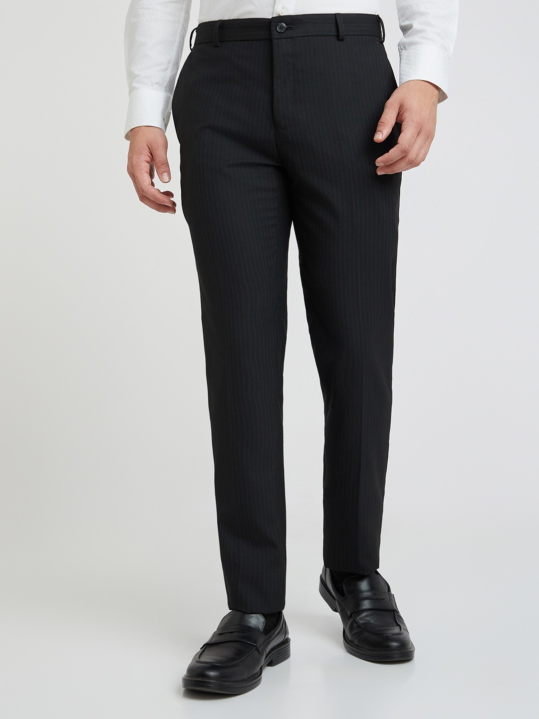 

Raymond Men Striped Slim Fit Formal Trousers, Black