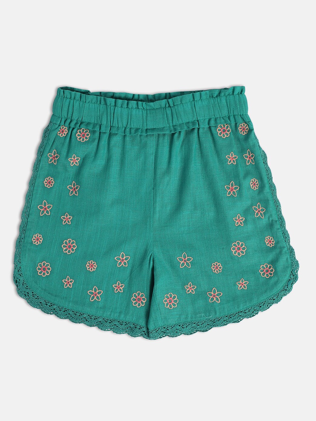 

MINI KLUB Girls Floral Printed Pure Cotton Shorts, Green