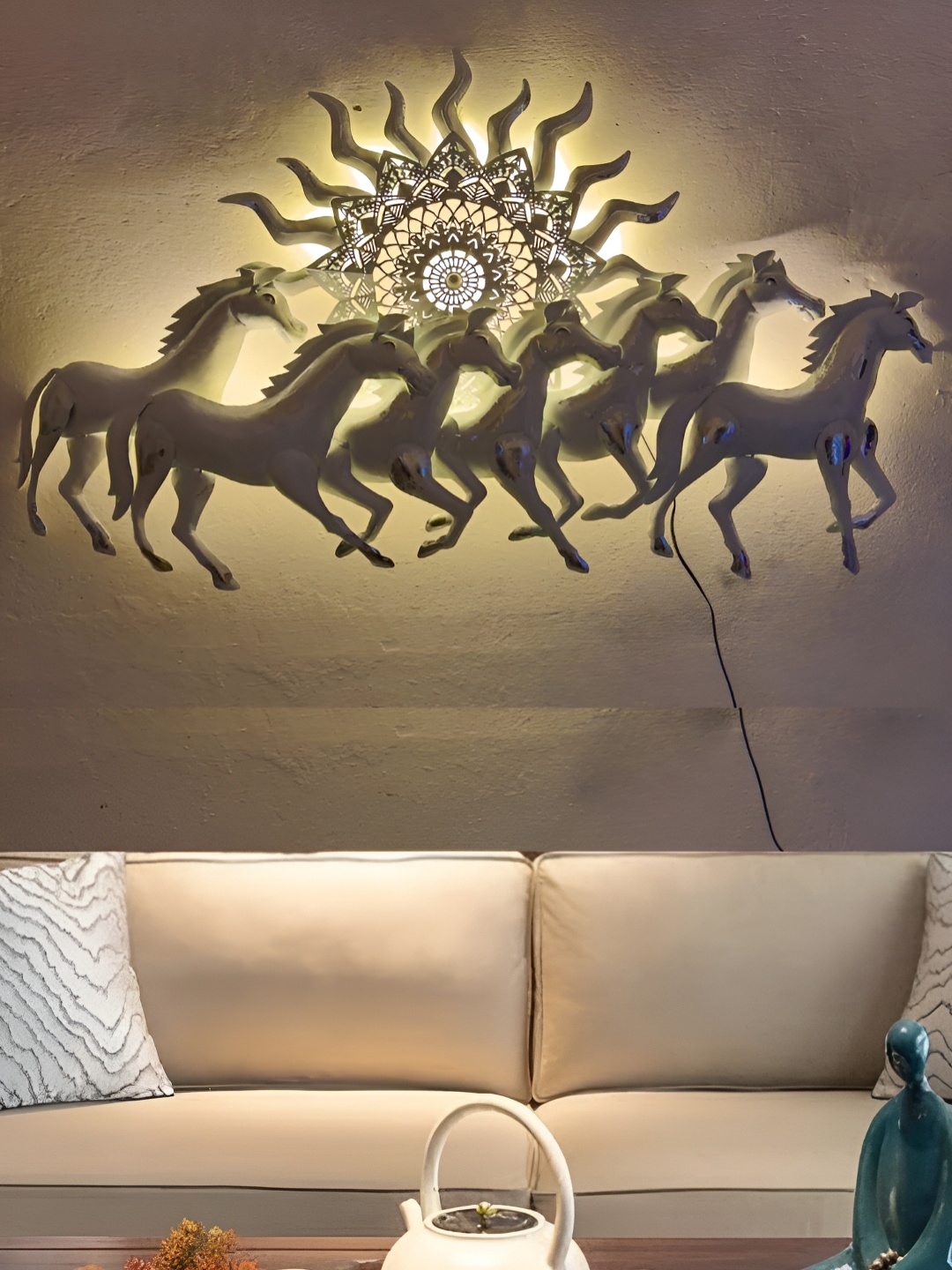 RSN White Iron Running 7 Horses With LED Light 3D Hanging Wall Decor