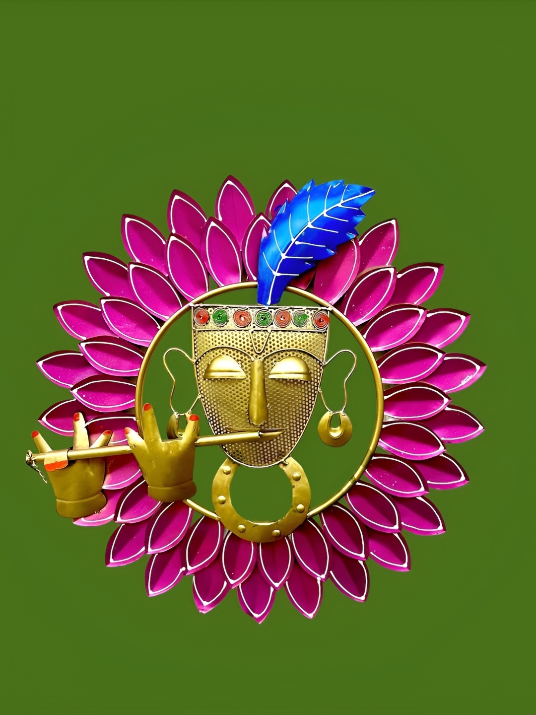 RSN Gold Toned & Pink Iron Painted Metal Krishna In Flower Hangings Wall Decor