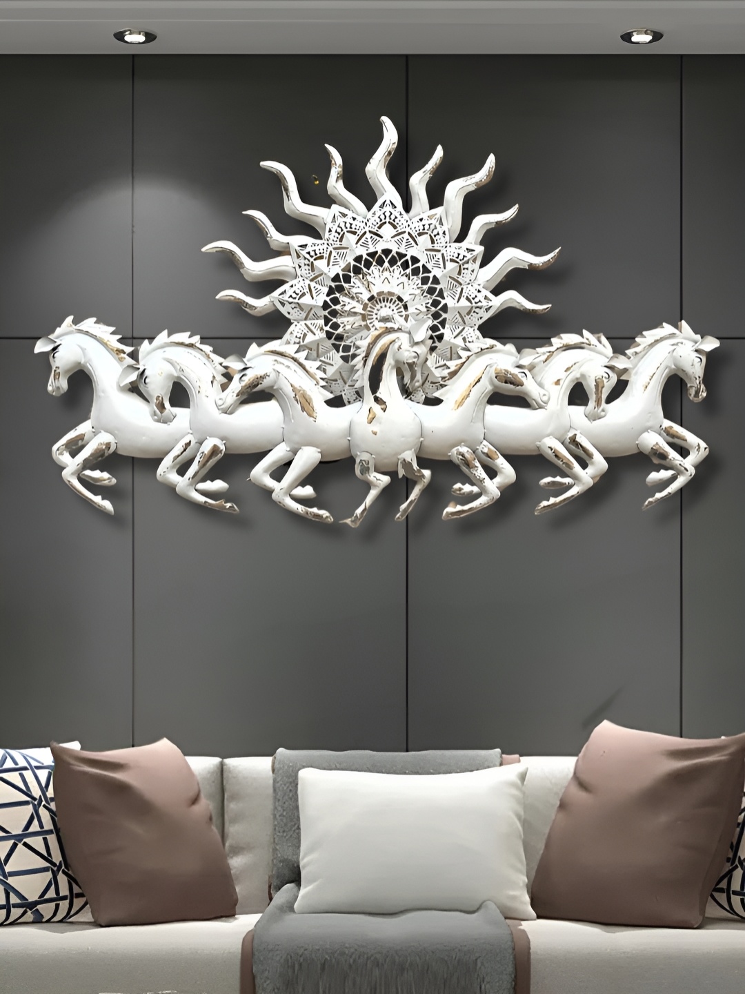 RSN White Iron 7 Horses Running With LED Light Hangings Wall Decor