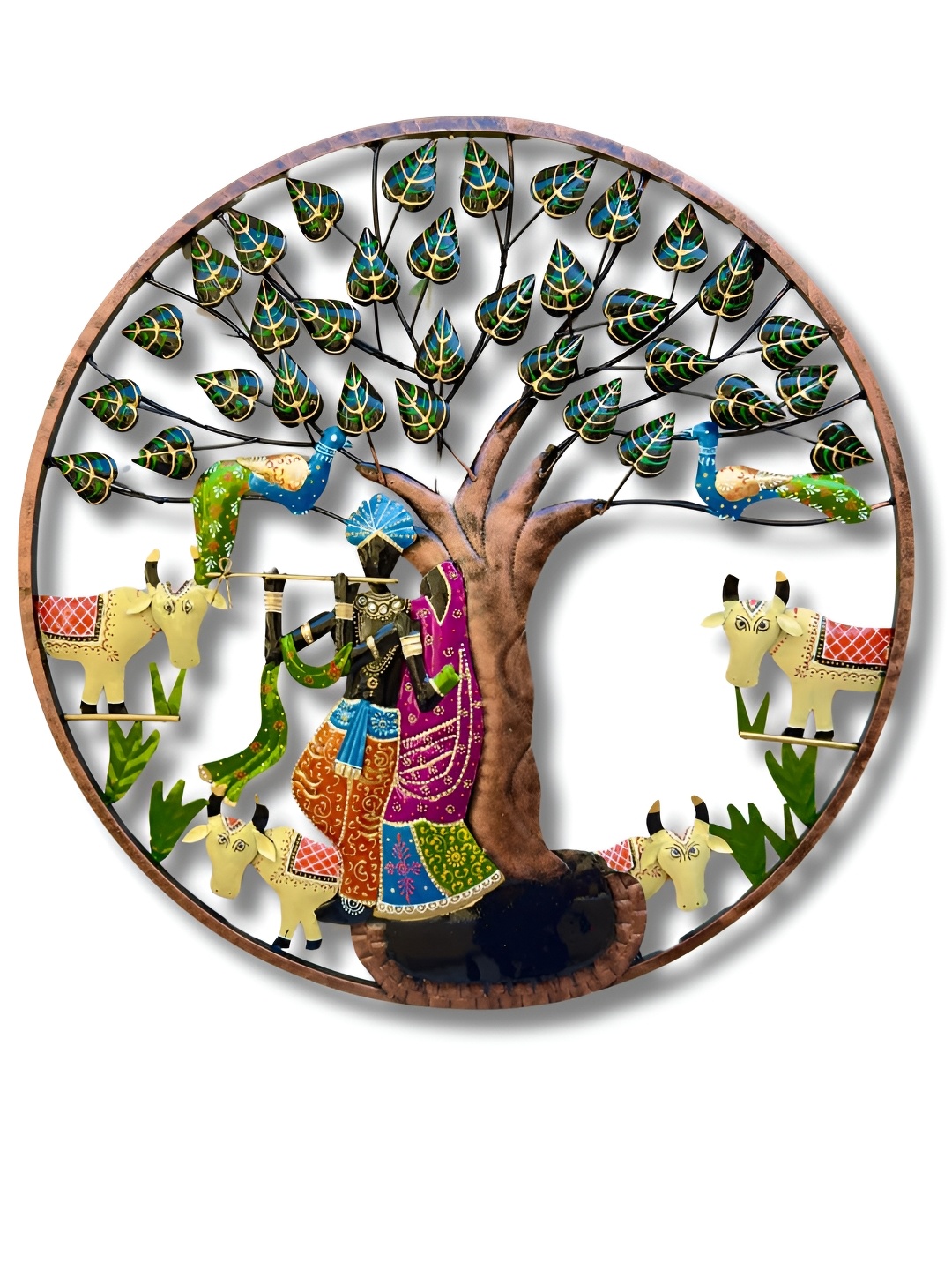 RSN Black & Green Metal Radha Krishna Round Frame Hangings Wall Decor