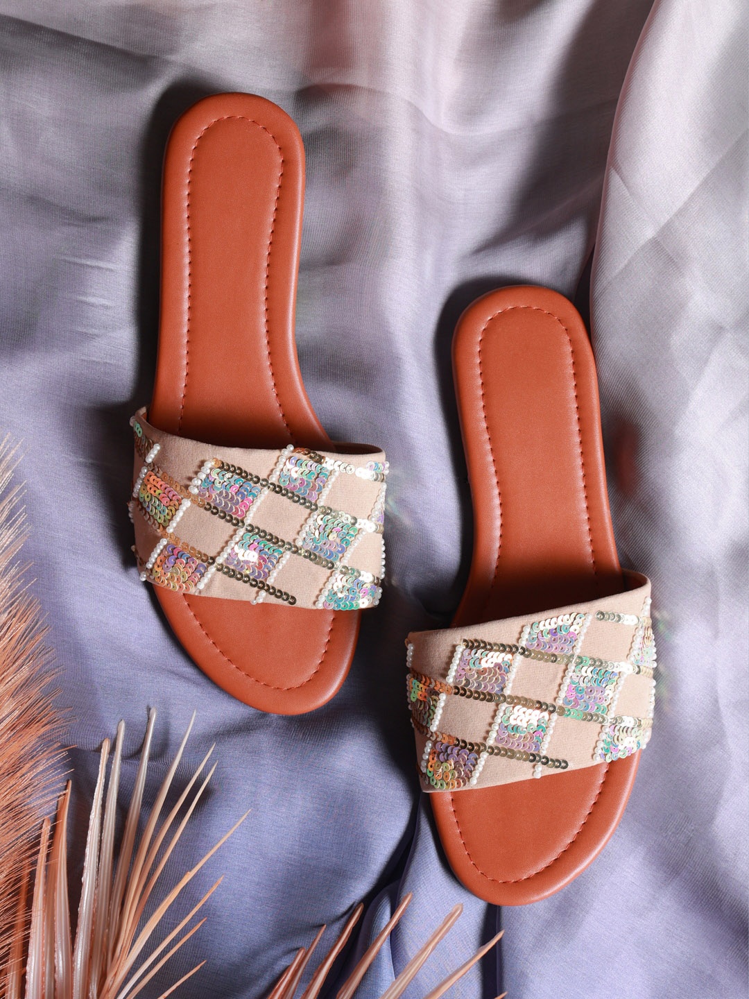 

Soul Roots Embellished Suede Open Toe Flats, Beige