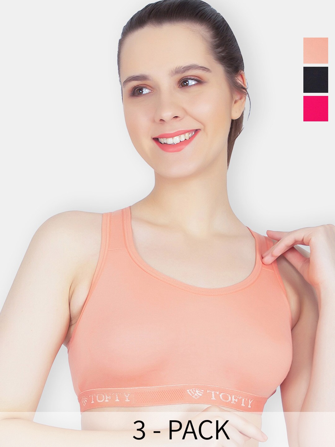 

TOFTY Pack Of 3 Full Coverage Non Padded Workout Bra With All Day Comfort, Pink