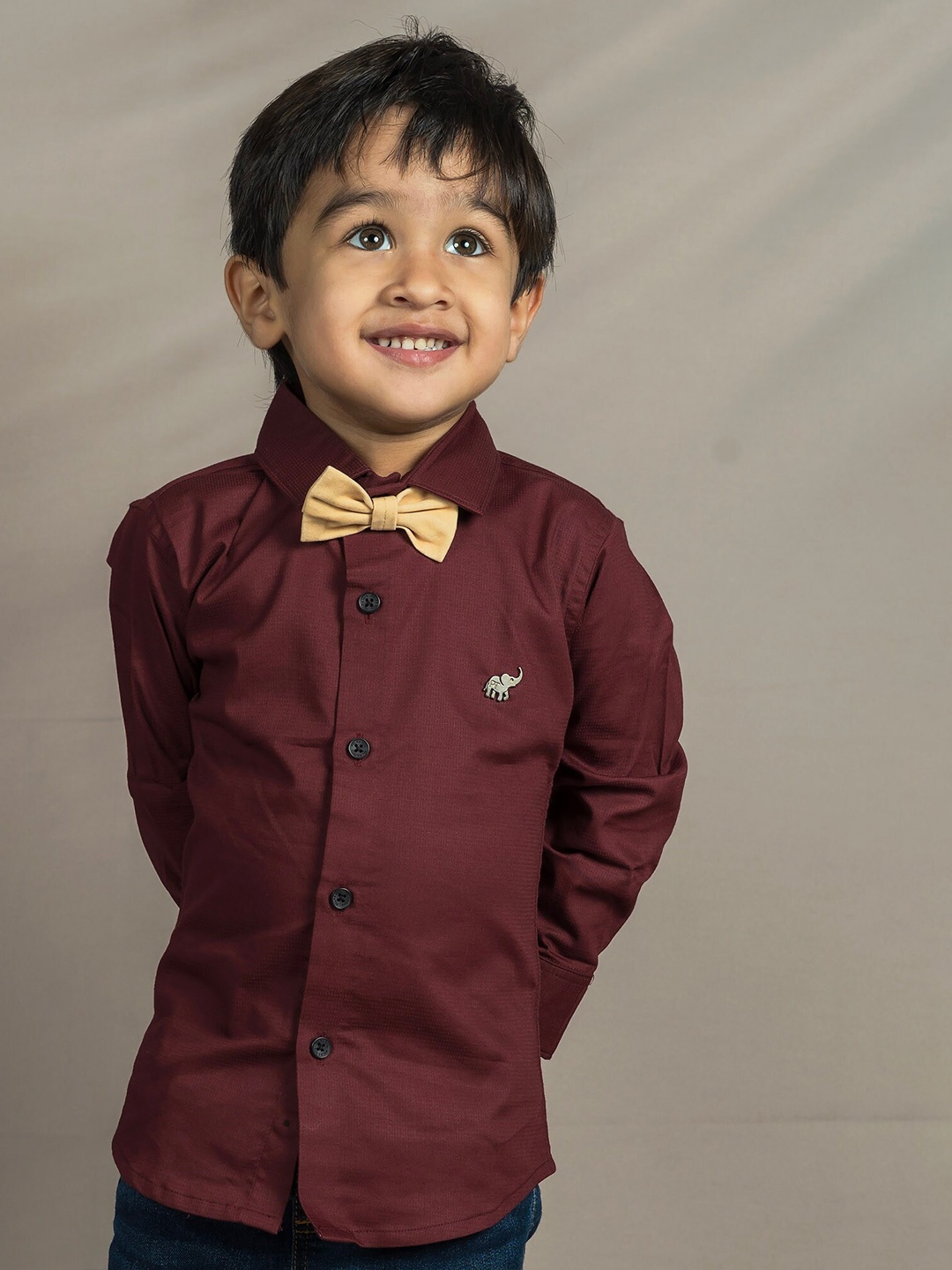 

Polka Tots Boys Spread Collar Bow Detail Casual Shirt, Brown