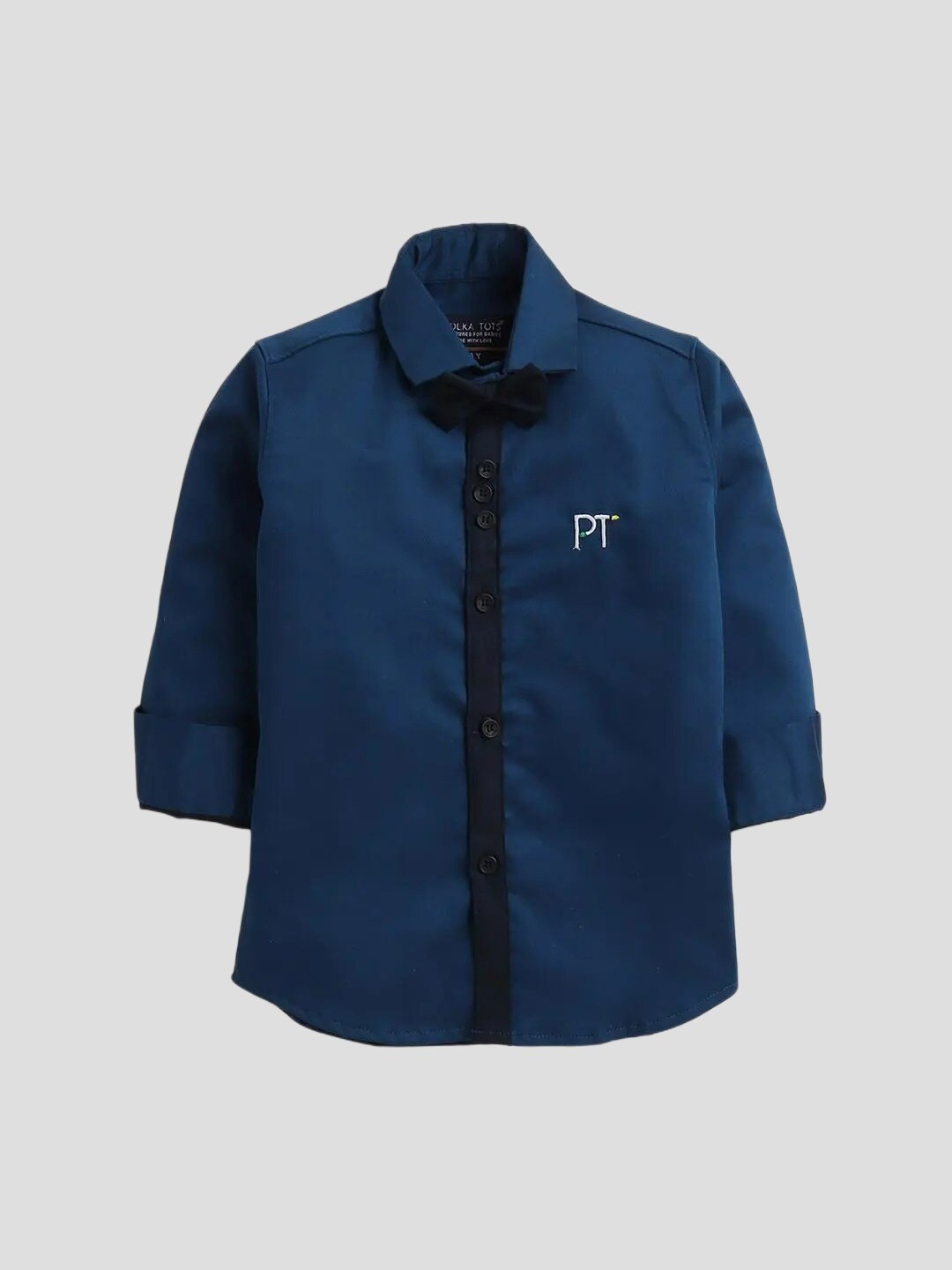 

Polka Tots Boys Opaque Reverse Collar Placket With Bow Cotton Casual Shirt, Teal