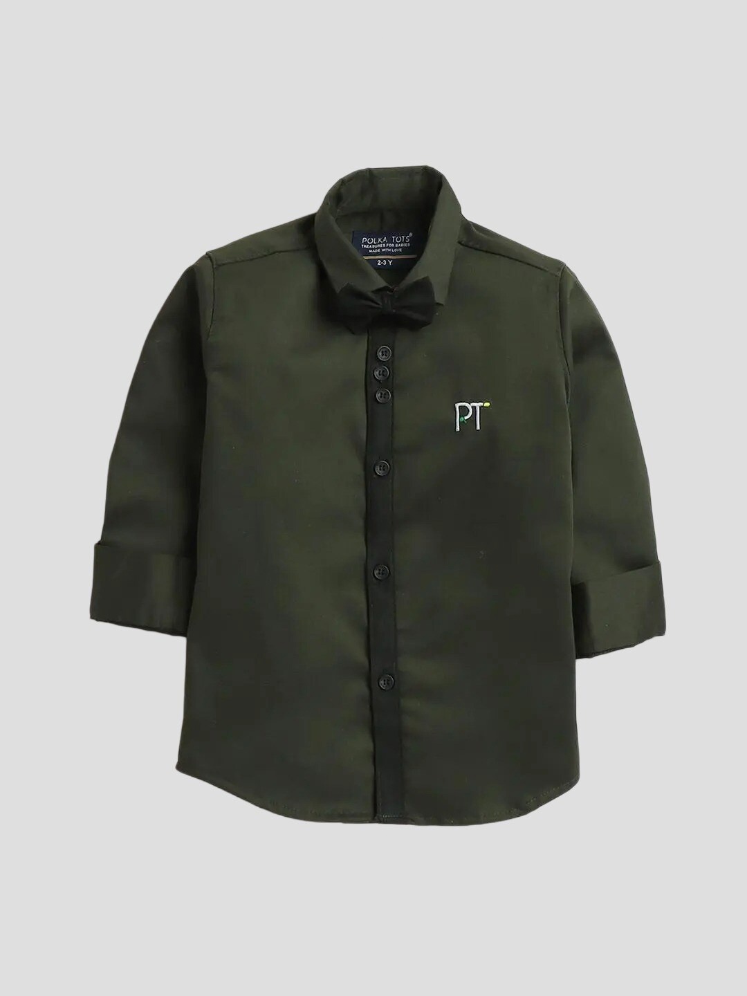 

Polka Tots Boys Embroidered Reverse Collar Shirt With Bow Tie, Green