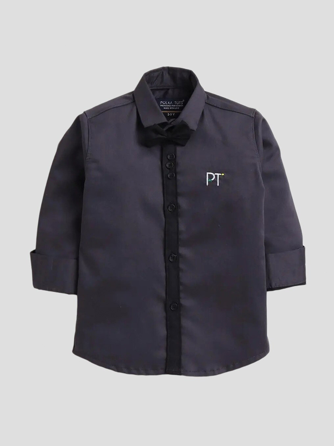 

Polka Tots Boys Spread Collar Bow Detail Casual Shirt, Grey