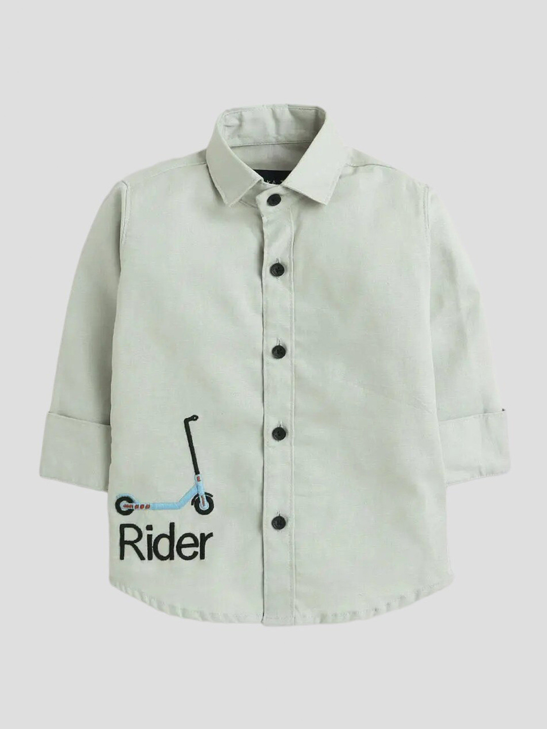 

Polka Tots Boys Full Sleeves Scooter Rider Embroidery Casual Shirt, Grey