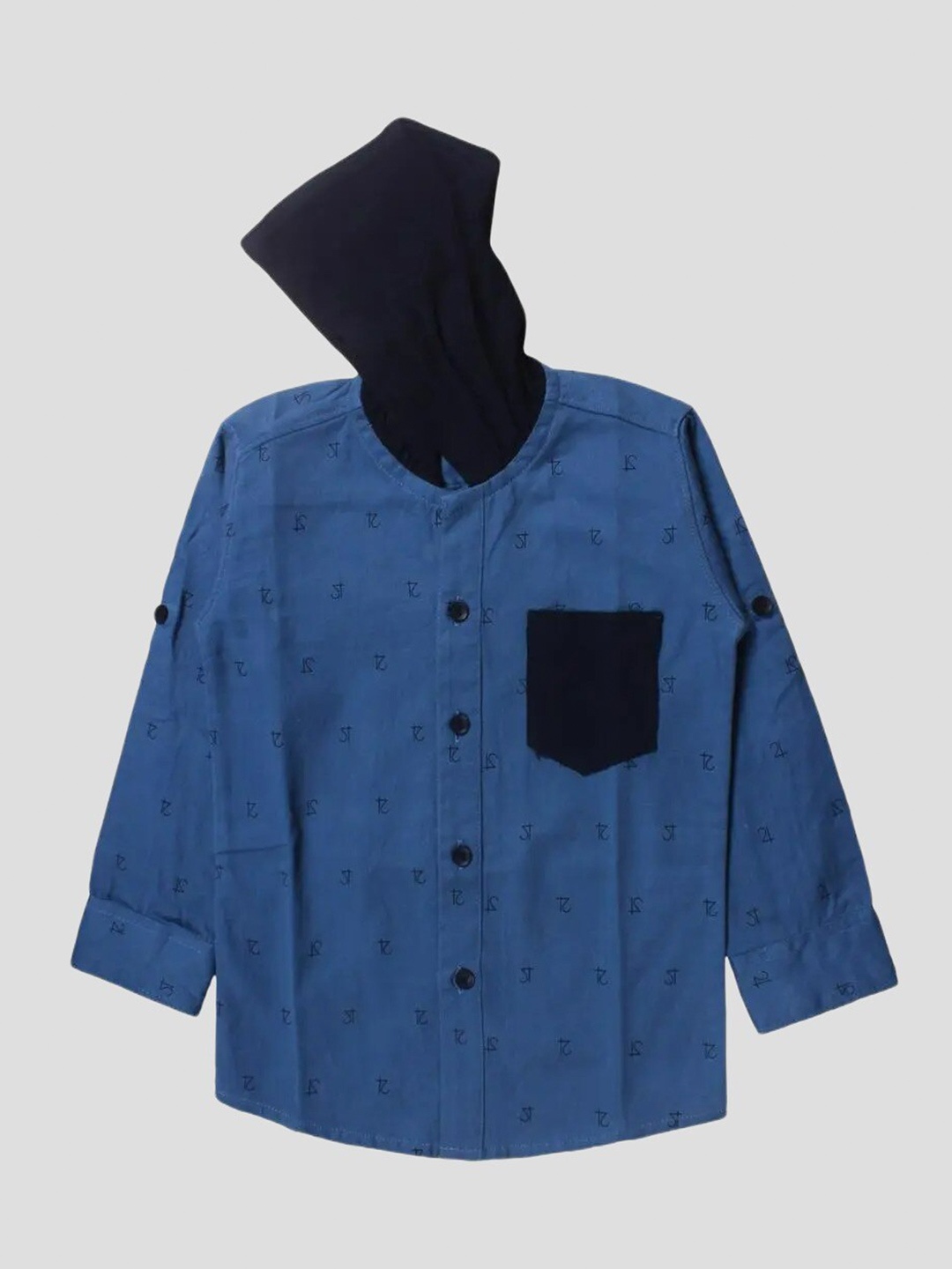 

Polka Tots Infant Boys Conversational Printed Hooded Casual Cotton Shirt, Blue