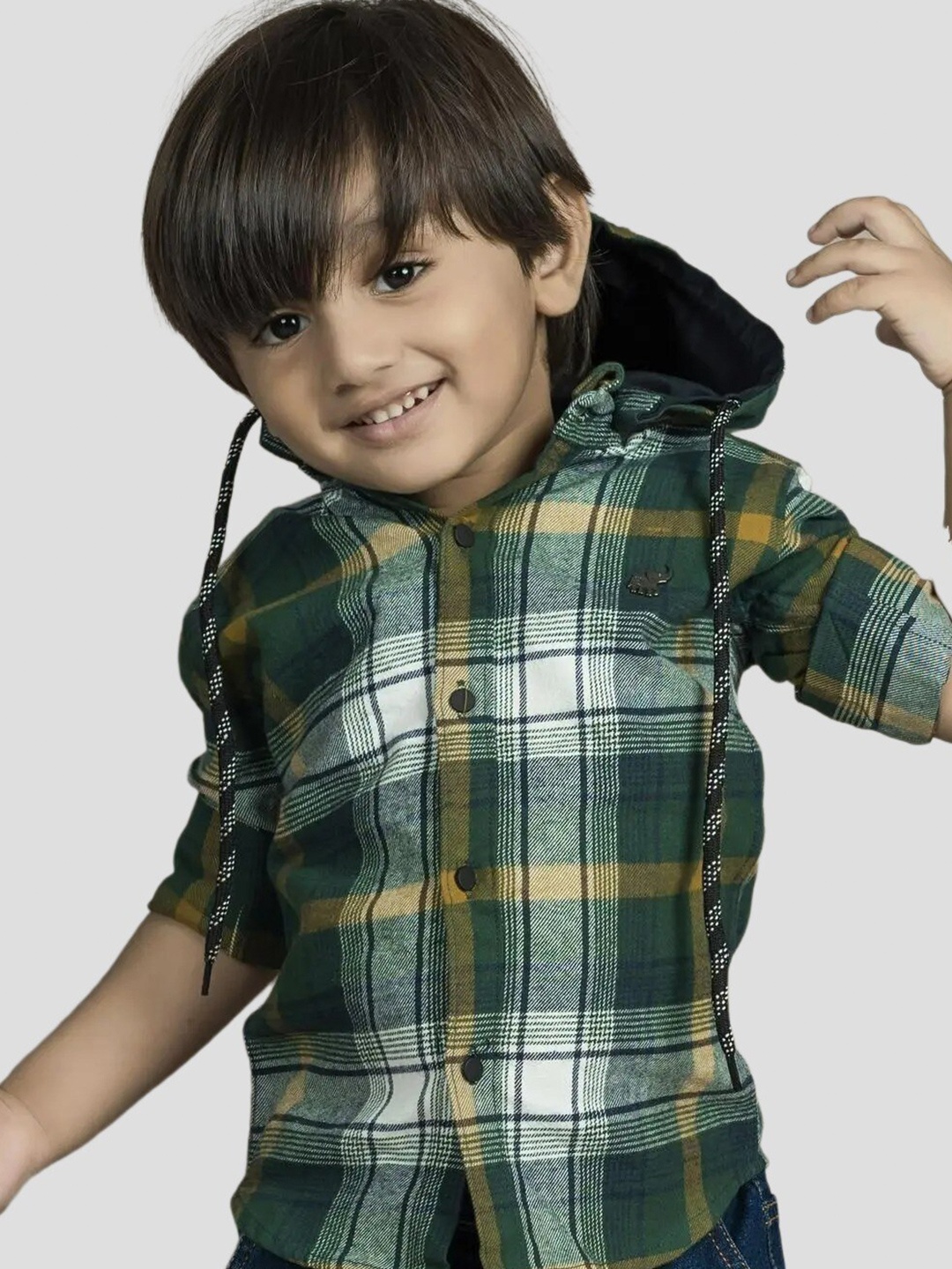 

Polka Tots Boys Tartan Checked Hooded Casual Shirt, Green