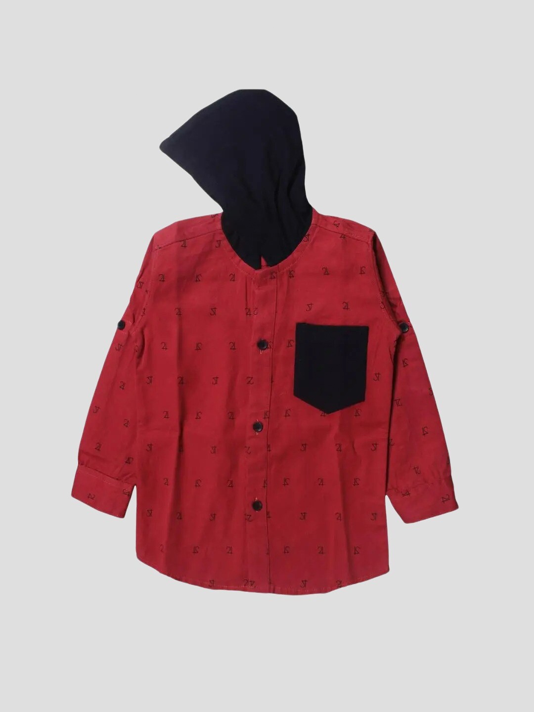 

Polka Tots Boys Full Sleeves Printed Hooded Shirt, Red