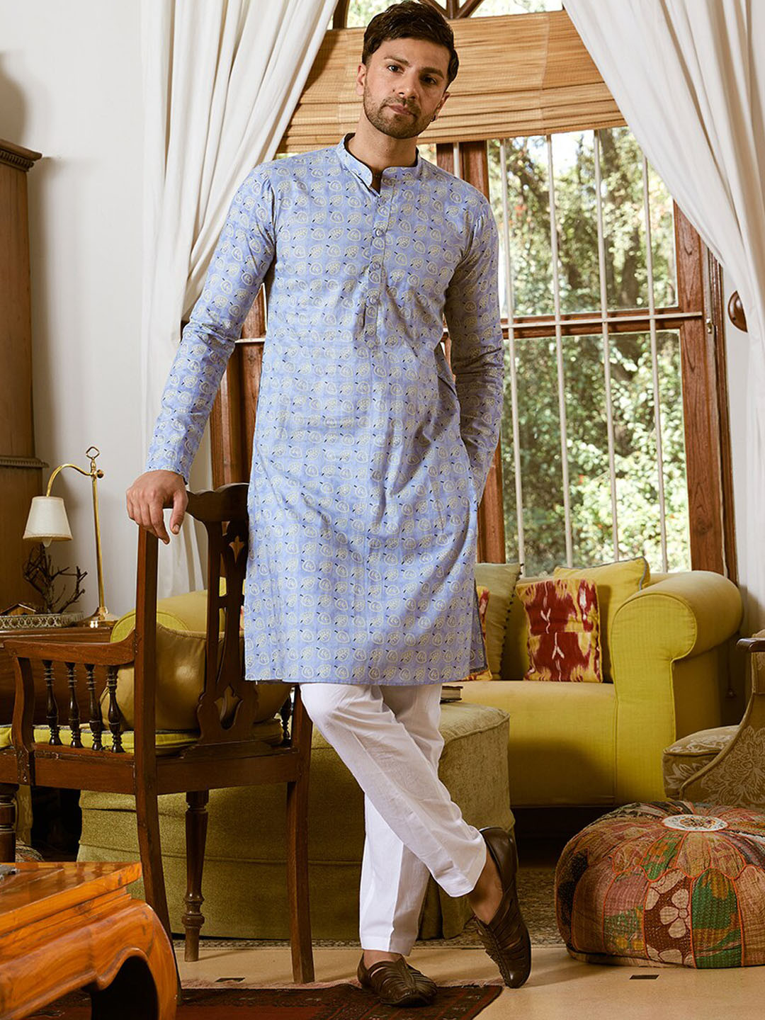 

See Designs Floral Printed Mandarin Collar Cotton Straight Kurta, Blue