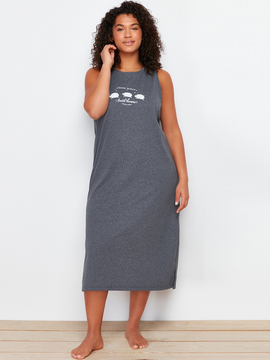 

Trendyol Graphic Printed Sleeveless Midi Nightdress, Grey