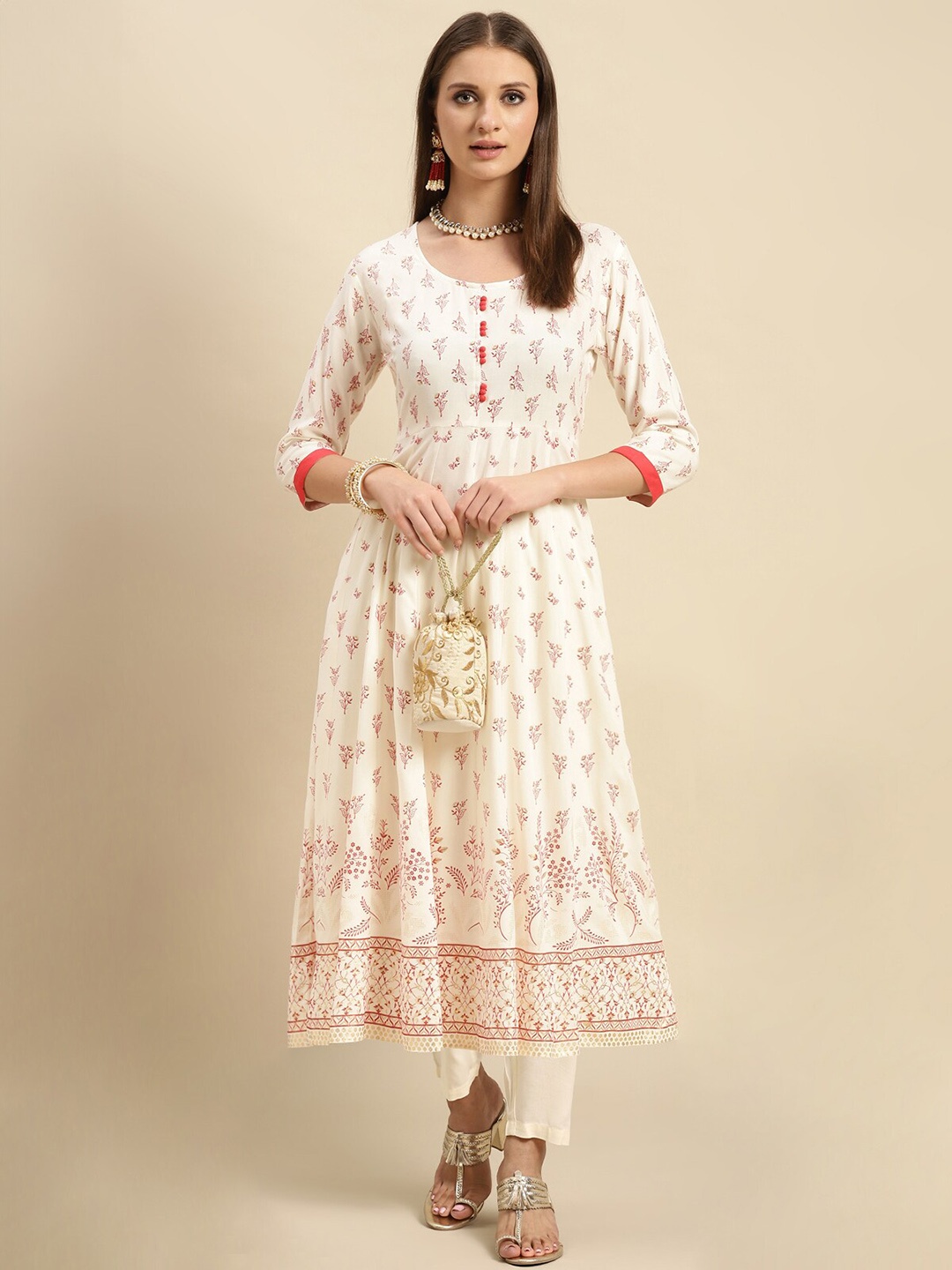 

Rangita Floral Printed Empire Anarkali Kurta with Trousers, Cream