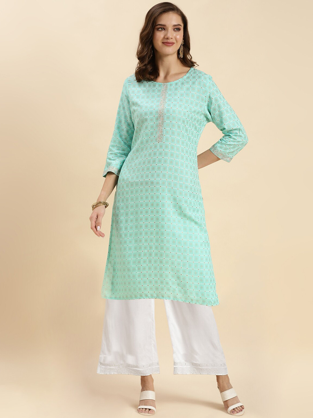 

Rangita Floral Printed Regular Straight Kurta with Palazzos, Sea green