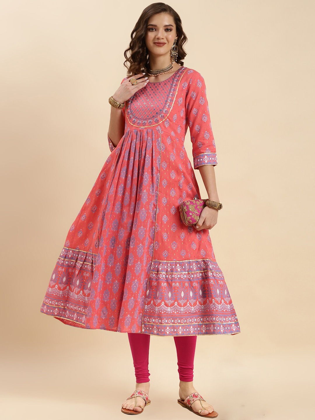 

Rangita Floral Printed Gotta Patti Pure Cotton Kurta with Churidar, Pink