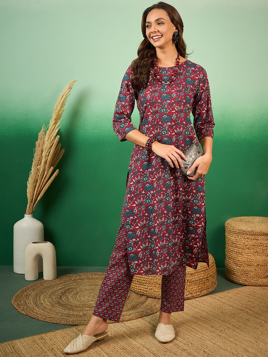 

Sangria Floral Printed Pure Cotton Round Neck Straight Kurta & Pant Set, Red
