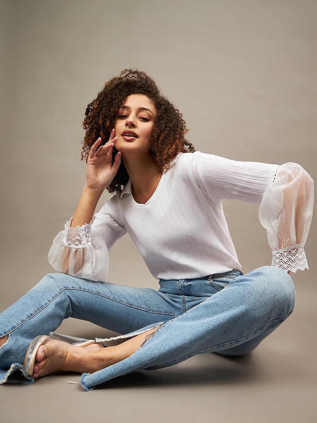 

The Roadster Lifestyle Co White Self Design Lace Up Detail Top