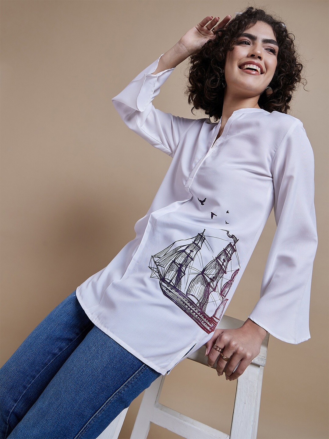 

The Roadster Lifestyle Co White Printed Regular Casual Tops