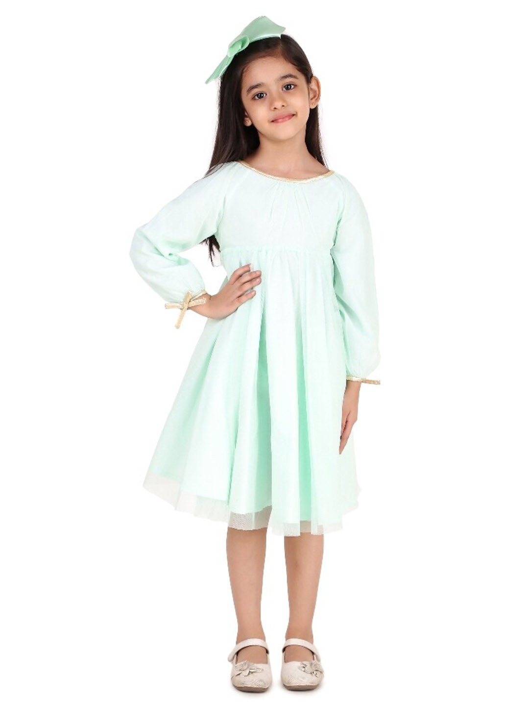 Miyo Girls Bow Detailed A-Line Dress, Sea green