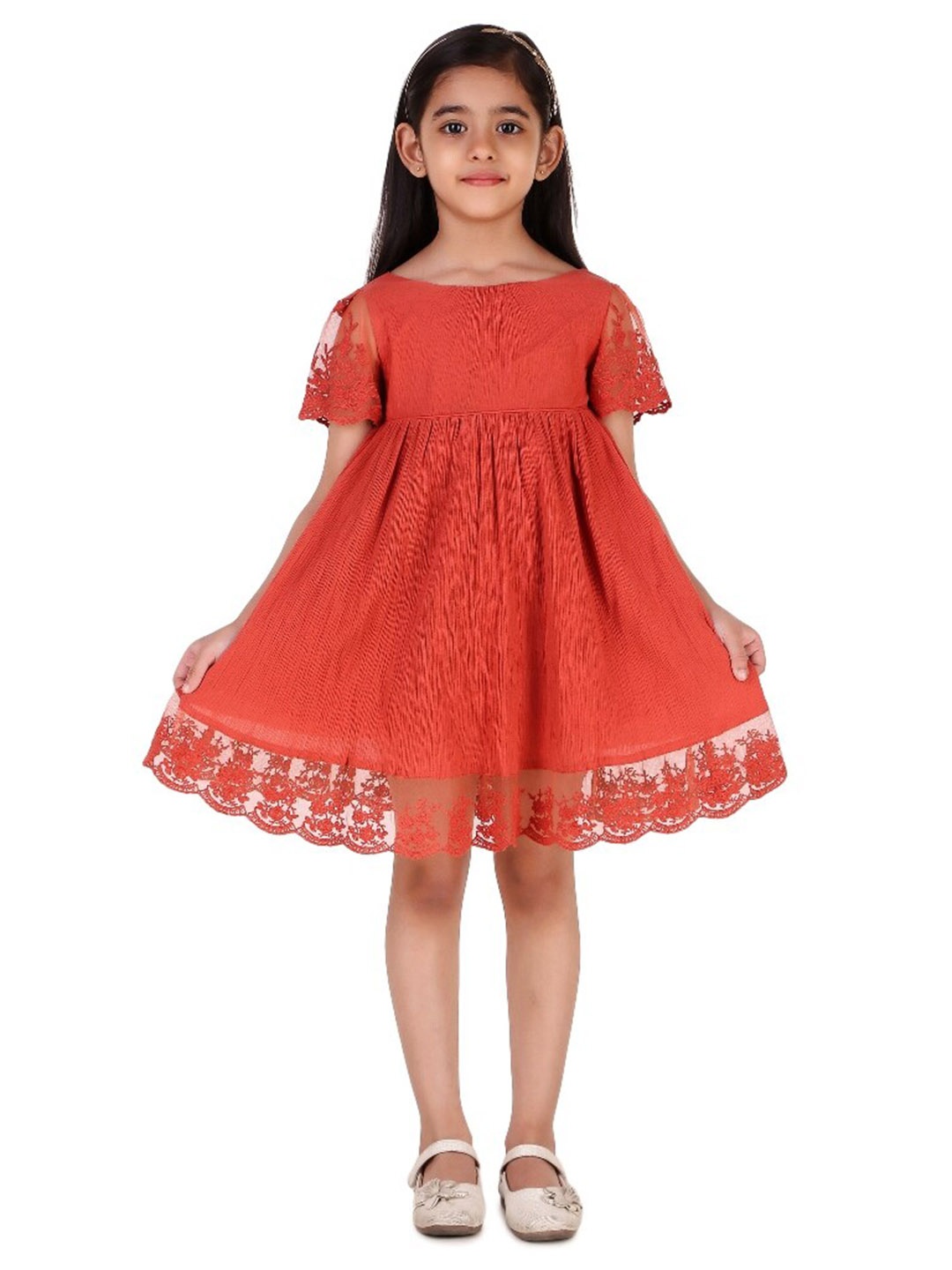

Miyo Girls Self Design Fit & Flare Dress, Rust