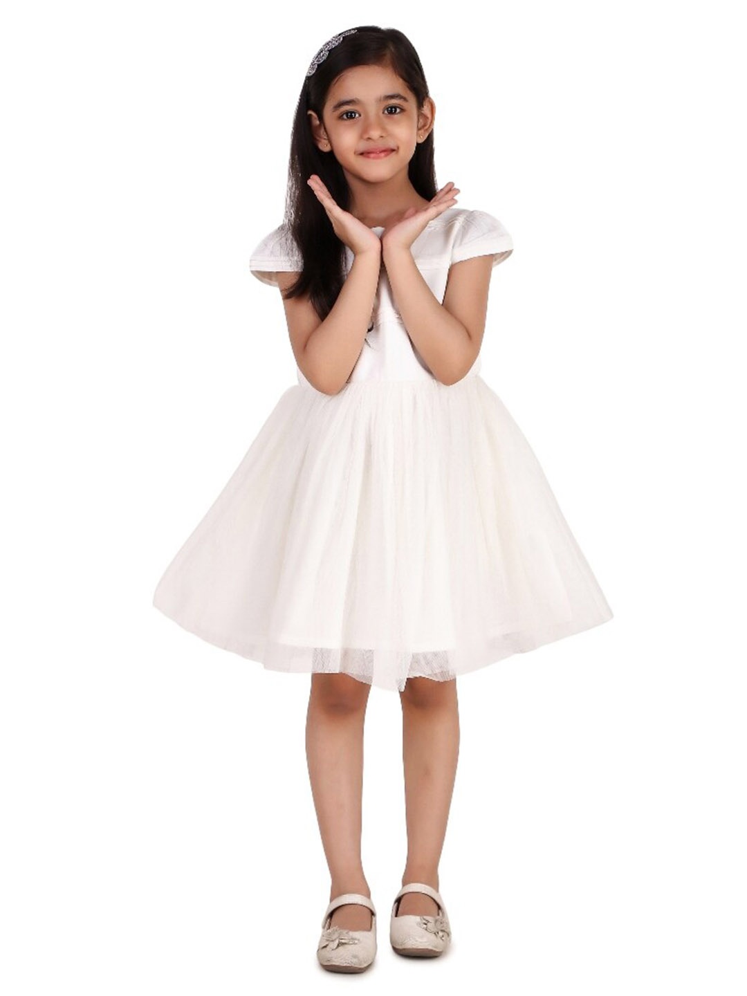 

Miyo Girls Self Design Fit & Flare Dress, Off white