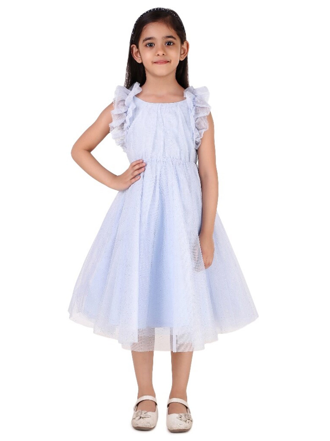 

Miyo Girls Striped Flutter Sleeve Ruffled Fit & Flare Dress, Blue