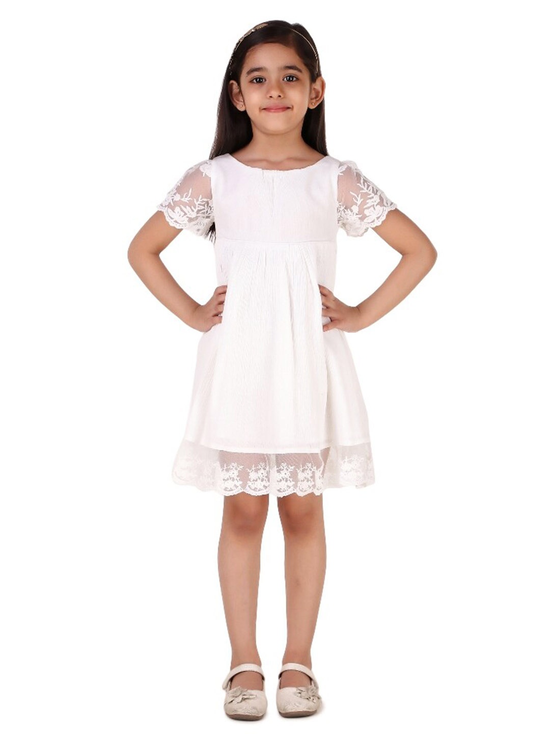 

Miyo Girls Self Design Flared Sleeve Fit & Flare Dress, Off white