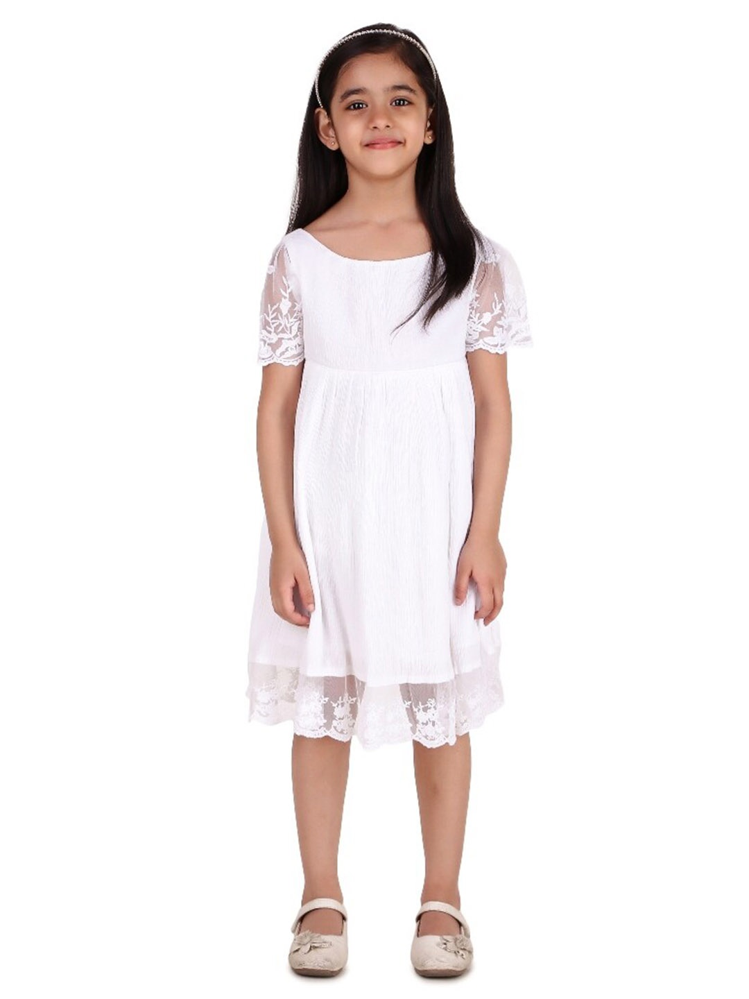 

Miyo Girls Self Design Pure Cotton Fit & Flare Dress, White