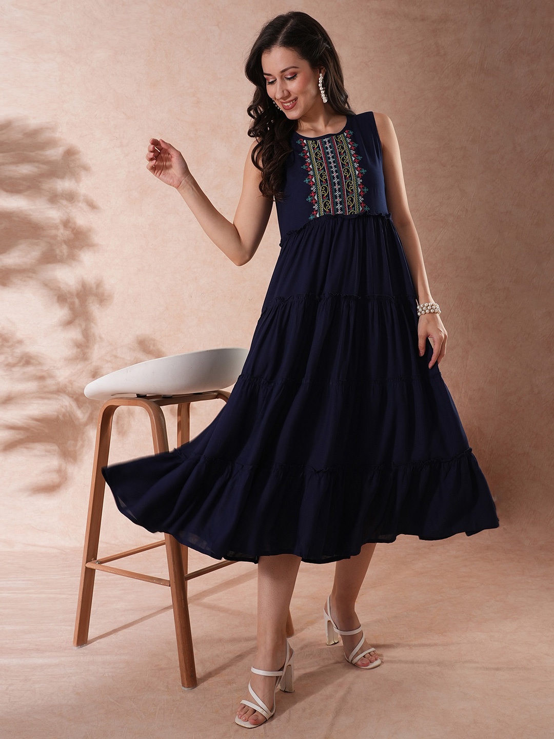 

Globus Embroidered Yoke Gathered Tiered Fit & Flare Fusion Maxi Dress, Navy blue