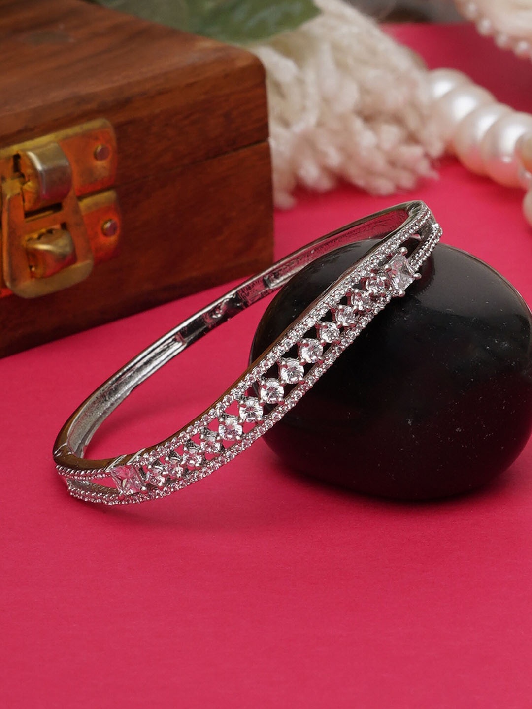 

Mali Fionna Silver-Plated American Diamond Studded Bangle-Style Bracelet