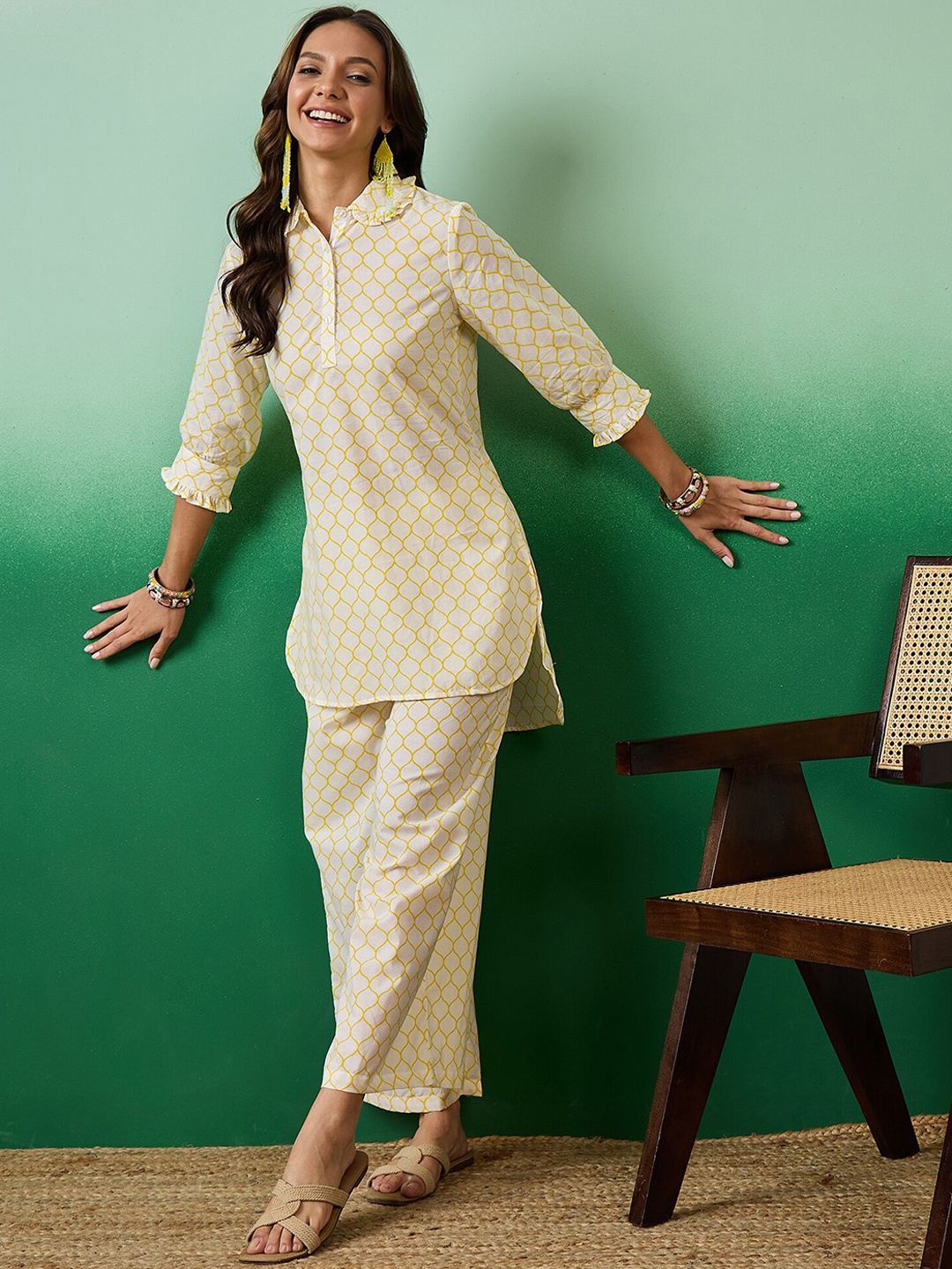 

Sangria Yellow Ethnic Motifs Printed Pure Cotton Shirt Frill Collar Tunic With Palazzos