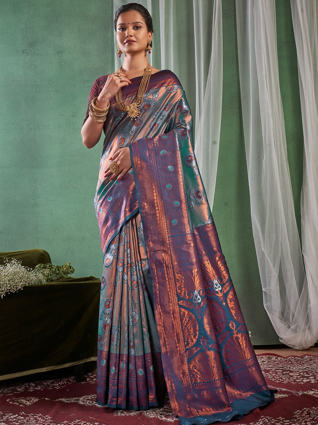 

BESUCHER Ethnic Motifs Woven Design Zari Banarasi Saree, Teal