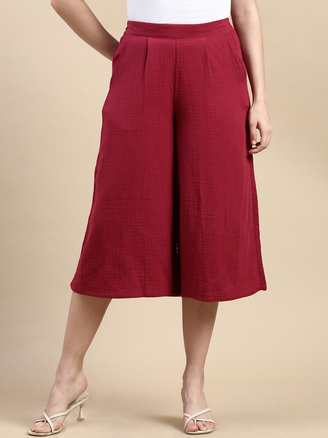 

De Moza Women Pleated Three-Fourth Cotton Culottes Trousers, Maroon