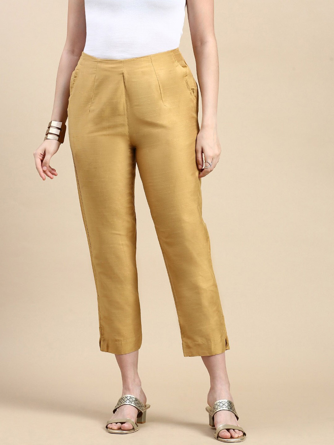 

De Moza Women Regular Fit Mid-Rise Plain Trousers, Gold
