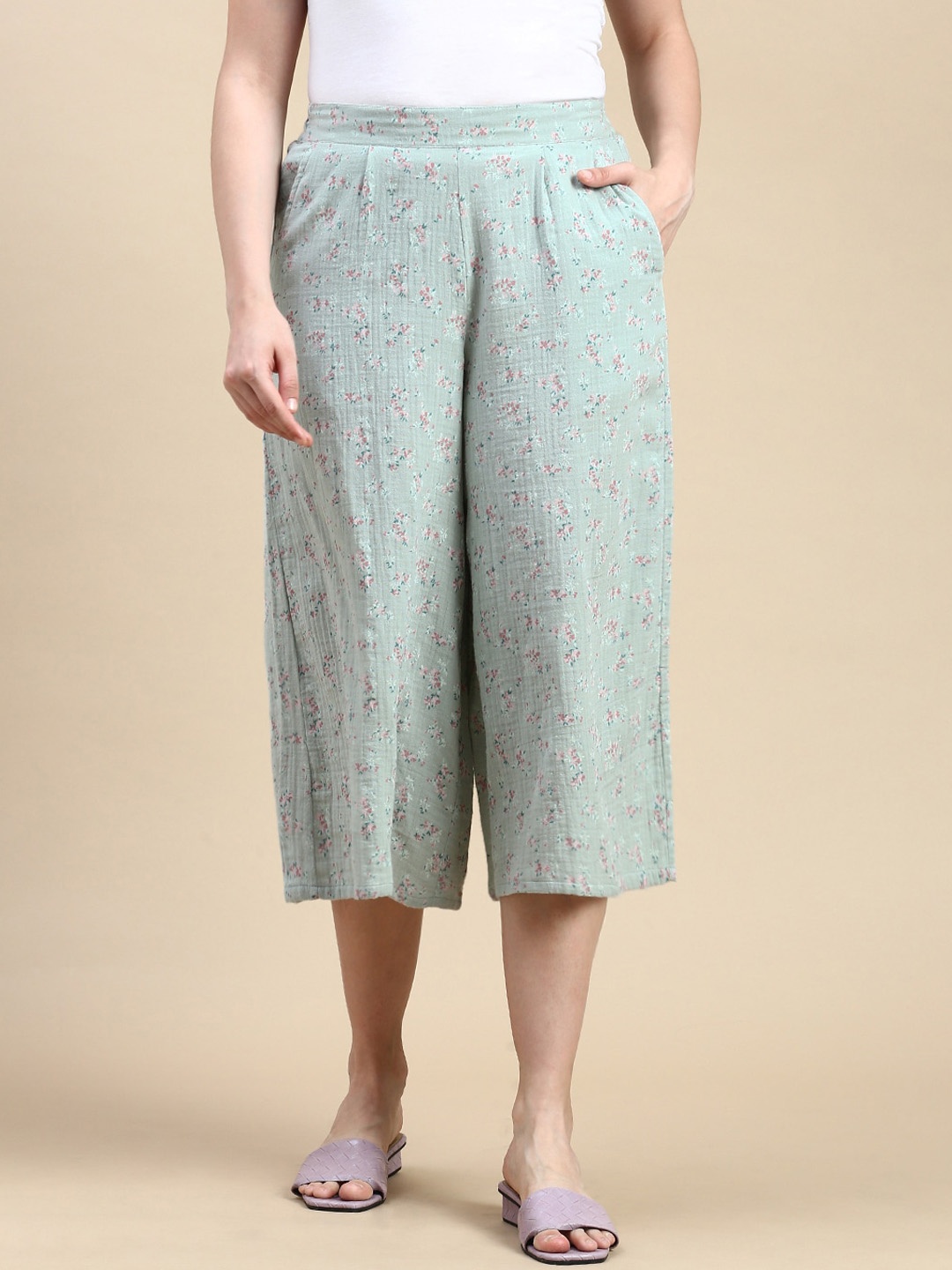 

De Moza Women Floral Printed Cotton Culottes Trousers, Green