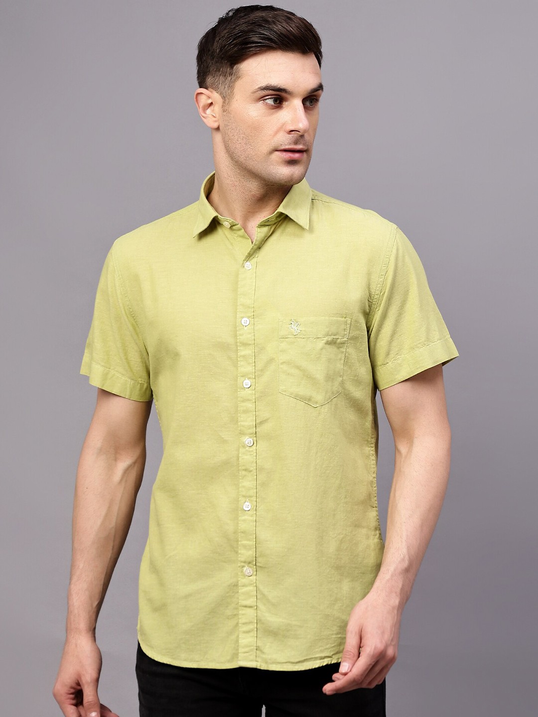 

Cantabil Comfort Spread Collar Short Sleeves Cotton Linen Casual Shirt, Green